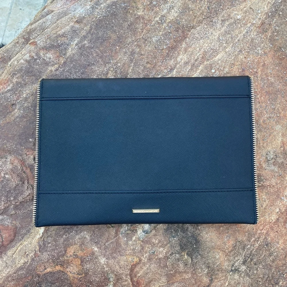 Rebecca Minkoff “Leo” Black Zip-Trim Saffiano Leather Envelope Clutch (CdlG)